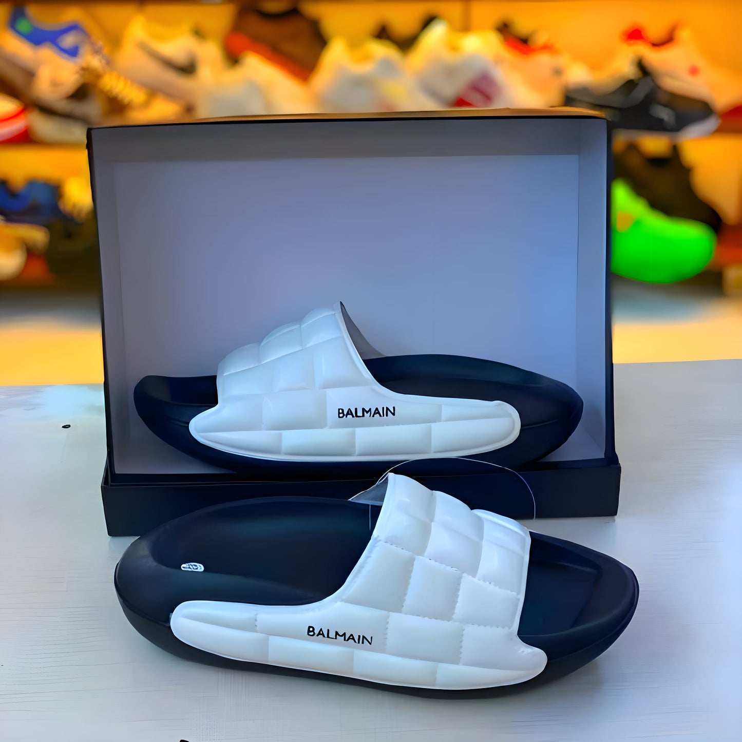 Imported white over black slippers